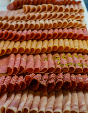 Different types of meat products in the hotel of Montenegro. September 2018の写真素材