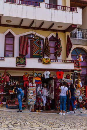 KRUJA, ALBANIA -September 2018: the traditional Ottoman market in Kruj, the birth city of the national hero Skanderbeg. Sale of antiques and souvenirs.のeditorial素材
