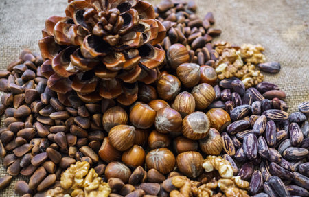 Different nuts in the shell and without it scattered on the table.の写真素材