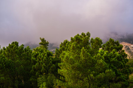 Beautiful view of the mountains .Fog falling on the mountain peaks in Montenegro. September 2018