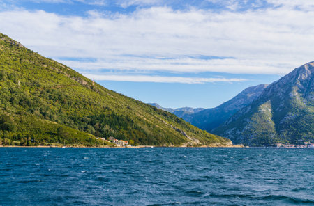 Beautiful view of the water, the Montenegrin landscape. Summer panoramic view of the Kotor Bay.