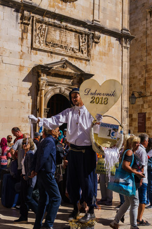 Dubrovnik, Croatia. Seller of souvenirs. Summer panoramic view on .September 2018のeditorial素材
