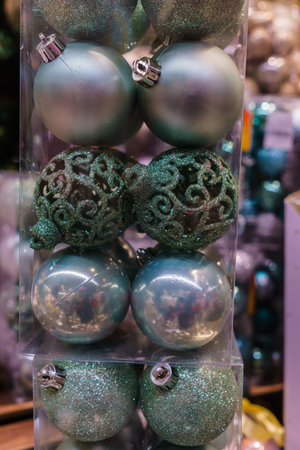 Christmas multi-colored Christmas balls in the packageのeditorial素材