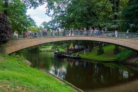 18.08. 2018 The Kronvalds Park, Riga, Latvia. Urban park with a canal, seasonal boating, plus paths, fountains. One of the most favorite recreation places of Riga. Sightseeing in Rigaのeditorial素材