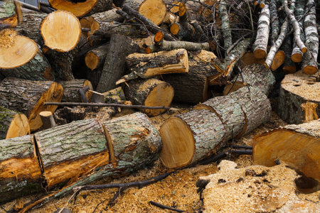 Sawn logs of trees, birch and spruce for firewood
