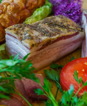 Beautiful pieces of fresh smoked bacon, along with vegetablesの写真素材