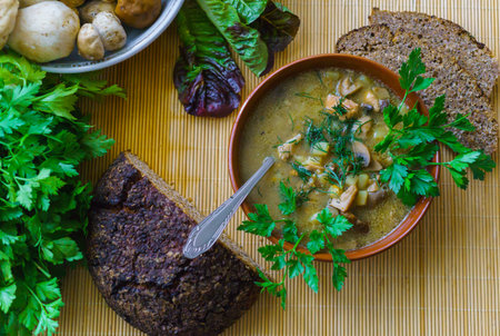 Home-made porcini mushroom soup with sour cream and brown breadの写真素材