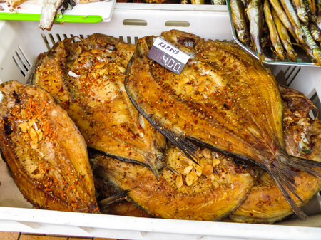 Smoked mackerel and flounder at the smelt holiday on the Baltic Sea in Palanga.の写真素材