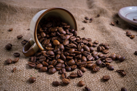 White Cup full of roasted coffee beans on rustic old cloth.の写真素材