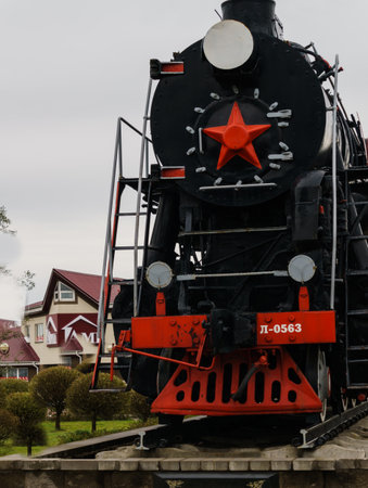 An old steam locomotive is on display. Lida, Belarus, 3092019