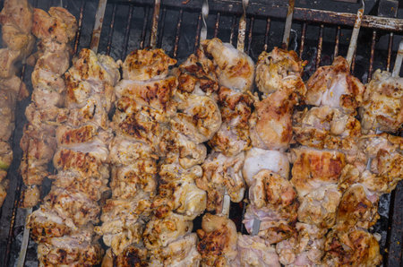 Preparation of a fresh, delicious shish kebab from a chicken on skewersの写真素材