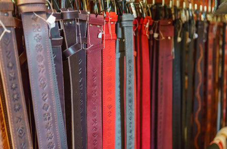 Multi-colored leather belts handmade. Latvia, Koknese July 2017の写真素材