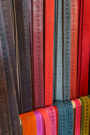 Multi-colored leather belts handmade. Latvia, Koknese July 2017の写真素材