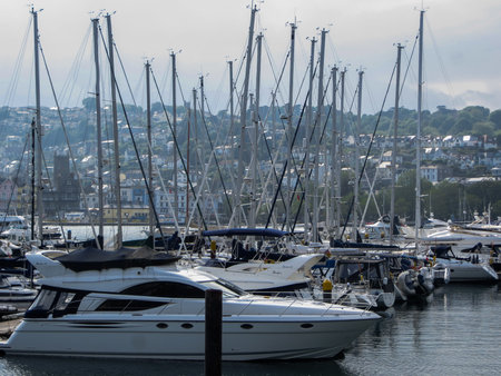 A bay filled with yachts, motor boats and small boats in the city of Dortmund. England, May 2018のeditorial素材