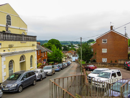 Houses and streets in the southeast in England in a provincial town, Devon, Crediton, 2018のeditorial素材