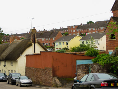 Houses and streets in the southeast in England in a provincial town, Devon, Crediton, 2018のeditorial素材