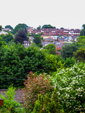 Houses and streets in the southeast in England in a provincial town, Devon, Crediton, 2018のeditorial素材