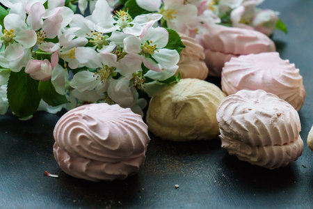 Delicious delicate white-pink marshmallows along with a flowering branch of an apple treeの写真素材