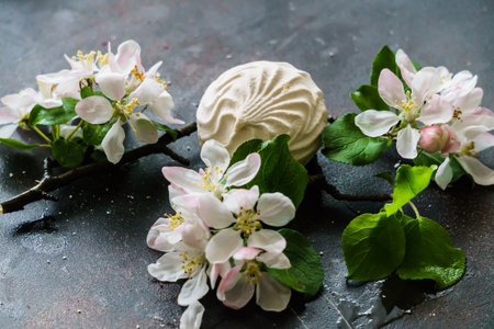 Delicious delicate white-pink marshmallows along with a flowering branch of an apple treeの写真素材