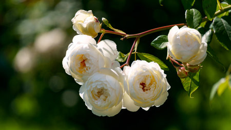 Beautiful branch of blossoming white rose flowers in the gardenの写真素材