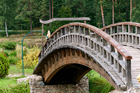 A curved wooden footbridge over a small canal in a summer landscapeの写真素材