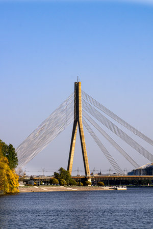 A cable-stayed bridge over the Daugava River in Riga, Latvia, 22 September 2020のeditorial素材