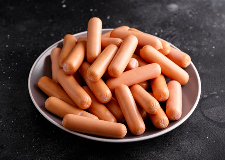 raw boiled meat pork sausages, close up, backgroundの写真素材
