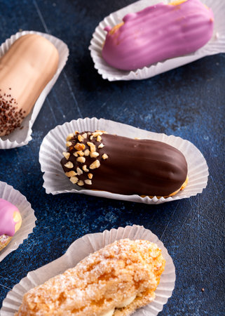 Beautiful delicious French eclairs with custard, covered with multi-colored icing.