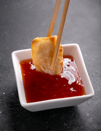 Deep fried crispy gyoza dipping in sweet chili sauce. Asian food.の写真素材