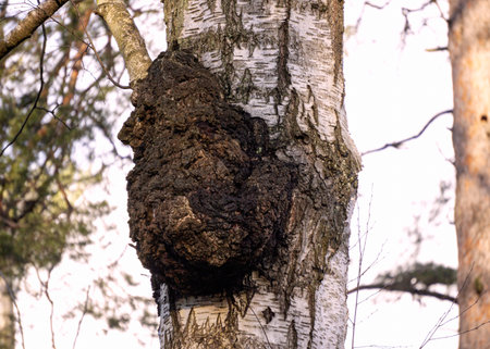 Huge chaga mushroom on a birch trunk