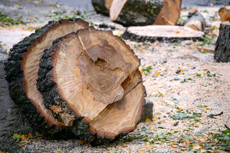 Preparation of birch firewood. The sawn tree is sawn into chocks