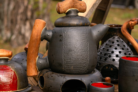 Traditional homemade pottery at a traditional crafts fairの写真素材