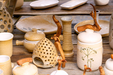 Traditional homemade pottery at a traditional crafts fairの写真素材