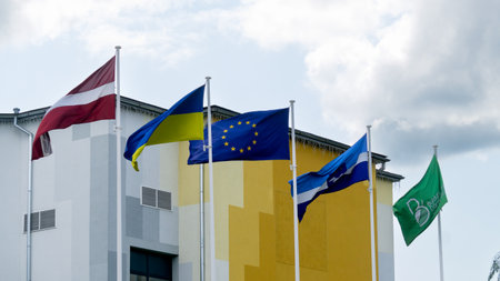 Flags of different countries flutter in the windの写真素材