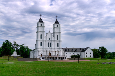 Beautiful white Catholic church in Aglona Latviaの写真素材