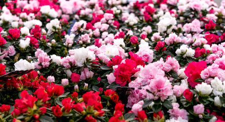 Multi-colored azalea flowers in flower pots in a greenhouseの写真素材