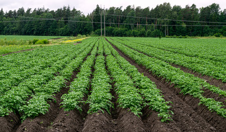 Furrows of green potato bushes against a background of black earth.の写真素材