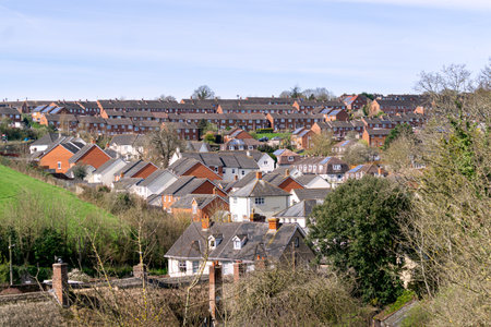 Blocks of traditional houses in Crediton. Early spring, Devon, England