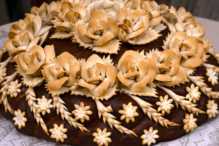 Traditional festive loaves of bread, beautifully decoratedの写真素材