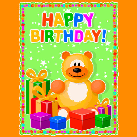 Greeting card or poster. Soft toy and gifts on a festive background. Items, inscription and background are located on separate layers.のイラスト素材