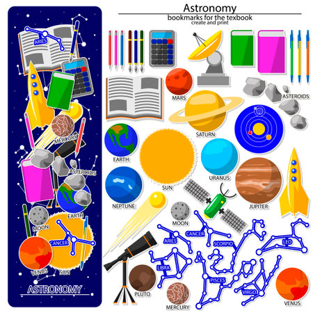 Creation on the astronomy school theme. All elements are located on different layers and can be easily manipulated.のイラスト素材