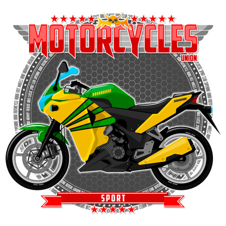Motorcycle of a certain type, on a symbolic background. Motorcycle text and background are located on separate layers.のイラスト素材