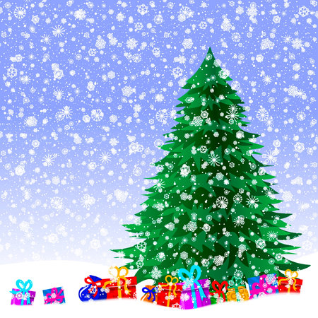 Illustration for christmas. Christmas tree, gifts, snowflakes. All elements are located on different layers and can be easily manipulated.のイラスト素材