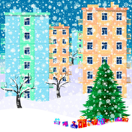 Illustration for christmas. Christmas tree, gifts, snowflakes. All elements are located on different layers and can be easily manipulated.のイラスト素材