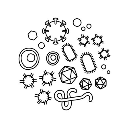 Germs, viruses black and white vector icons set in thin line style organised in circle.のイラスト素材