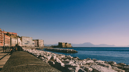 Waterfront of Naples with a view of Castel dell'ovoの写真素材
