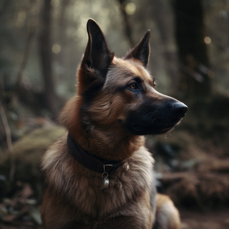 German shepherd in the forest. Selective focus. Shallow depth of field.の素材