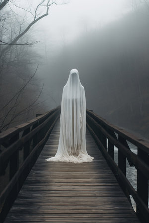 Ghost on a wooden bridge in a foggy forest. Halloween concept.の素材