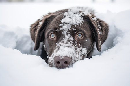 Portrait of a chocolate labrador retriever puppy in the snowの素材
