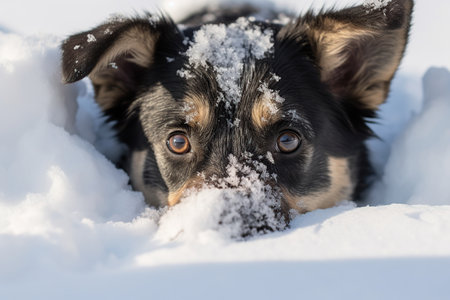 Funny cute black and brown puppy playing in the snowの素材